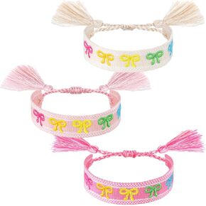 Tondiamo 3 Pcs Bow Woven Friendship Bracelets Coquette Bow Style Woven Bracelets Adjustable Braided Friendship Wristbands with Tassels for Women Handmade Gift