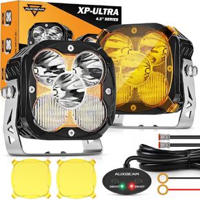 Auxbeam 4.5 inch 128W Led Pods, XP-ULTRA Series 15200LM Flood Beam Offroad Pod Lights with DRL & Amber Covers, Cube LED Ditch Lights Amber Fog Light Bar for Jeep UTV ATV Off Road