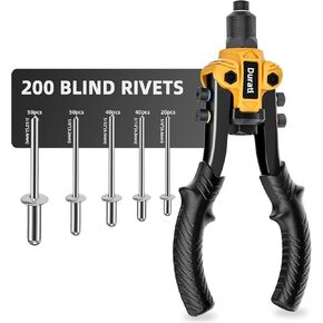 Rivet Gun, 1/4 Pop Rivet Gun Kit with 200 Blind Rivets, 5 Interchangeable Rivet Heads (3/32", 1/8", 5/32", 3/16", 1/4"), Heavy Duty Hand Riveter Tool for Metal, Gutter & Automotive