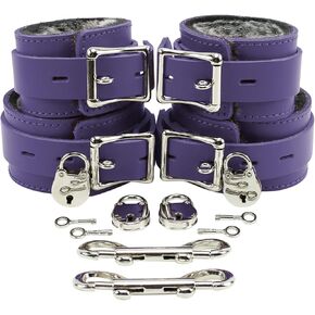 Abigail Cuffs Combo Wrist and Ankle Cuffs Latigo Leather Faux Chinchilla Fur Lining (Black)