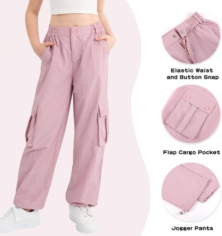 Parachute Pants for Girls Cargo Jogger Pants Wide Leg Streetwear Kid Teen Jogger Trousers with Pockets 7-16 Years in Saudi Arabia
