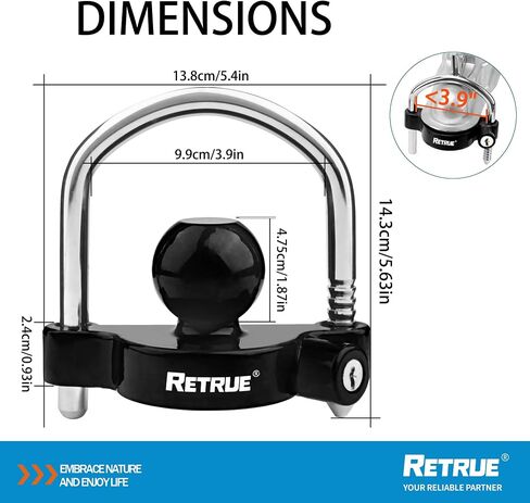 RETRUE Universal Coupler Lock Trailer Locks Ball Hitch Trailer Hitch Lock Adjustable Security Heavy-Duty Steel Fits 1-7/8 Inch, 2 Inch, 2-5/16 Inch Couplers Black in Kuwait