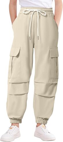 JiAmy Girls Cargo Pants Elastic High Waist Drawstring Pants Jogger Trousers Casual Loose with Pockets 6-14Y in Saudi Arabia