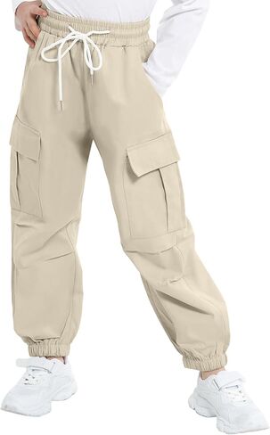 JiAmy Girls Cargo Pants Elastic High Waist Drawstring Pants Jogger Trousers Casual Loose with Pockets 6-14Y in Saudi Arabia