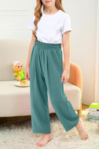 Yoklass Girls Casual Pants High Waist Wide Leg Flowy Loose Long Trousers 4-14 Years in Saudi Arabia