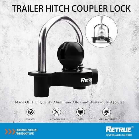 RETRUE Universal Coupler Lock Trailer Locks Ball Hitch Trailer Hitch Lock Adjustable Security Heavy-Duty Steel Fits 1-7/8 Inch, 2 Inch, 2-5/16 Inch Couplers Black in Kuwait