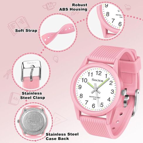 SOCICO Kids Analog Watch for Boys Girls, Easy to Read Learning Time Watch, 50M Waterproof, Soft Band Wristwatch for Ages 4-12, Great Gift for Children in Saudi Arabia