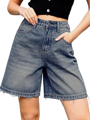 Elleven Bermuda Jorts شورت Jean الفضفاضة - فضفاضة غير رسمية الساق الواسعة الساق الطول شورت الدنيم مع الخصر المرن in Kuwait