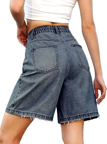 Elleven Bermuda Jorts شورت Jean الفضفاضة - فضفاضة غير رسمية الساق الواسعة الساق الطول شورت الدنيم مع الخصر المرن in Kuwait