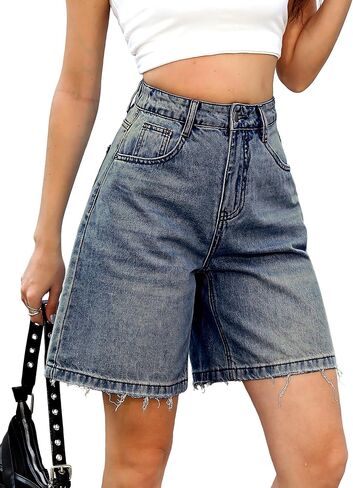Elleven Bermuda Jorts شورت Jean الفضفاضة - فضفاضة غير رسمية الساق الواسعة الساق الطول شورت الدنيم مع الخصر المرن in Kuwait