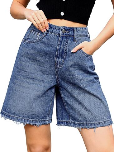 Elleven Bermuda Jorts شورت Jean الفضفاضة - فضفاضة غير رسمية الساق الواسعة الساق الطول شورت الدنيم مع الخصر المرن in Saudi Arabia