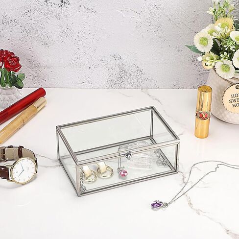 Hipiwe Vintage Glass Keepsake Box, Rectangle Jewelry Display Organizer Box Vanity Lidded Box Home Decor Accent Decorative Box for Storage Trinket Rings Bracelet in Saudi Arabia