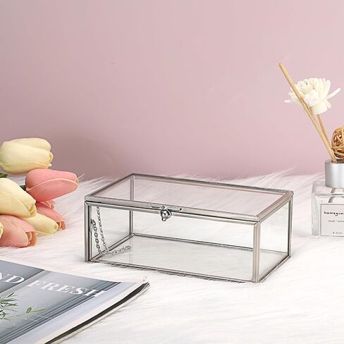 Hipiwe Vintage Glass Keepsake Box, Rectangle Jewelry Display Organizer Box Vanity Lidded Box Home Decor Accent Decorative Box for Storage Trinket Rings Bracelet in Saudi Arabia