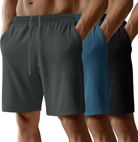 Neer 3 Pack Men's Basketball Shorts Drawstring Athletic Loose Gym Cotton Workout Summer Casual Running Pants with Pockets in Kuwait