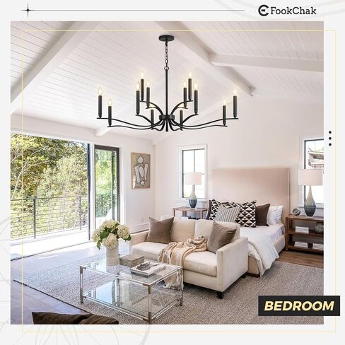 Black Living Room Chandelier 12 Light Hight Ceiling Foyer Candle Chandelier Large Dining Room Light Fixture Over Table 44in Metal Modern Chandeliers Hanging Light for Entry Master Bedroom in Saudi Arabia