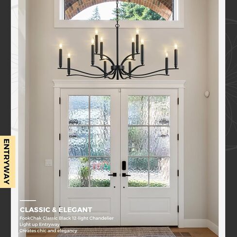 Black Living Room Chandelier 12 Light Hight Ceiling Foyer Candle Chandelier Large Dining Room Light Fixture Over Table 44in Metal Modern Chandeliers Hanging Light for Entry Master Bedroom in Saudi Arabia