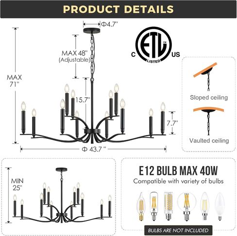 Black Living Room Chandelier 12 Light Hight Ceiling Foyer Candle Chandelier Large Dining Room Light Fixture Over Table 44in Metal Modern Chandeliers Hanging Light for Entry Master Bedroom in Saudi Arabia