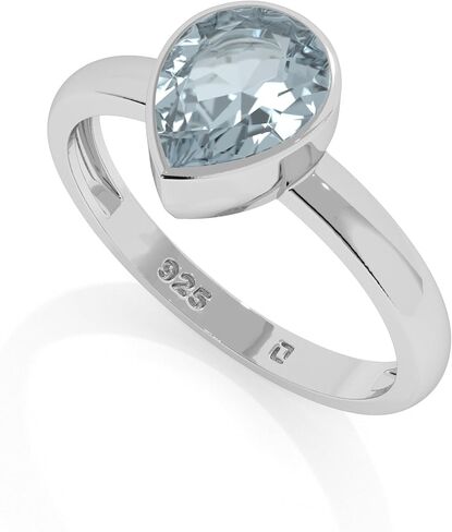 Natural Gemstone Solitaire Rings for Women in Sterling Silver, Birthstone Jewelry Gifts for Her Birthday, Anniversary, Christmas (Bezel-Set, Oval/Pear/Round) in Saudi Arabia
