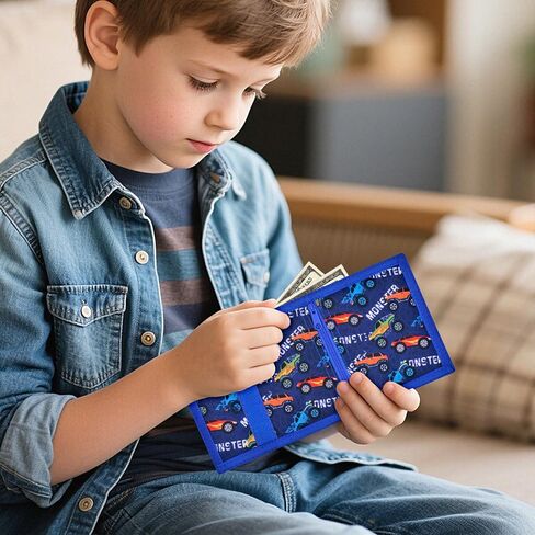 Kids Wallet for Boys Trifold Wallet with Keychain Holder and Zippered Coin Pocket Durable Boy Wallets for Kids Ages 4-16, Boys Wallet Gift Blue Car in Kuwait