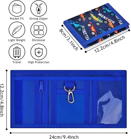 Kids Wallet for Boys Trifold Wallet with Keychain Holder and Zippered Coin Pocket Durable Boy Wallets for Kids Ages 4-16, Boys Wallet Gift Blue Car in Kuwait