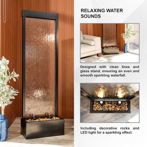 68 in H Freestanding Modern Indoor/Outdoor Waterfall Fountain w/Decorative Rocks, LED Lights & Auto-Shut Off Pump, Aluminum/Clear Glass, Black in Saudi Arabia