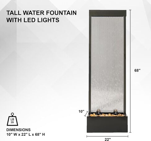 68 in H Freestanding Modern Indoor/Outdoor Waterfall Fountain w/Decorative Rocks, LED Lights & Auto-Shut Off Pump, Aluminum/Clear Glass, Black in Saudi Arabia