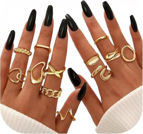 THUNARAZ 12 PCS Stackable Gold Rings for Women Adjustable Open Chunky Rings,14K Gold Plated Twisted Round Signet Rings for Gift in Saudi Arabia