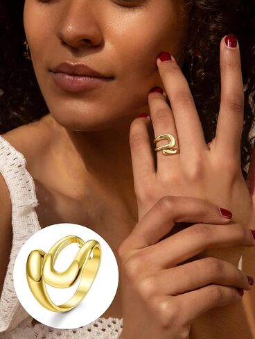 THUNARAZ 12 PCS Stackable Gold Rings for Women Adjustable Open Chunky Rings,14K Gold Plated Twisted Round Signet Rings for Gift in Saudi Arabia