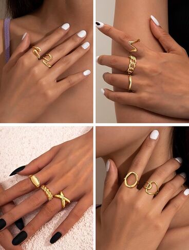 THUNARAZ 12 PCS Stackable Gold Rings for Women Adjustable Open Chunky Rings,14K Gold Plated Twisted Round Signet Rings for Gift in Saudi Arabia