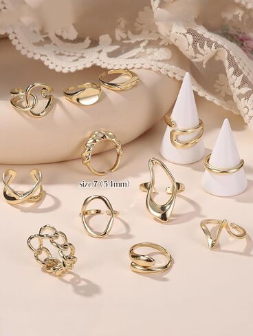 THUNARAZ 12 PCS Stackable Gold Rings for Women Adjustable Open Chunky Rings,14K Gold Plated Twisted Round Signet Rings for Gift in Saudi Arabia