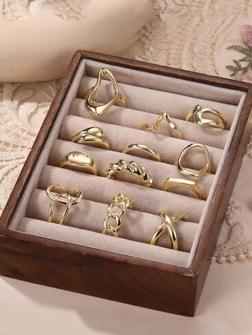 THUNARAZ 12 PCS Stackable Gold Rings for Women Adjustable Open Chunky Rings,14K Gold Plated Twisted Round Signet Rings for Gift in Saudi Arabia