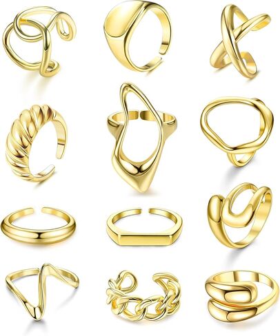 THUNARAZ 12 PCS Stackable Gold Rings for Women Adjustable Open Chunky Rings,14K Gold Plated Twisted Round Signet Rings for Gift in Saudi Arabia