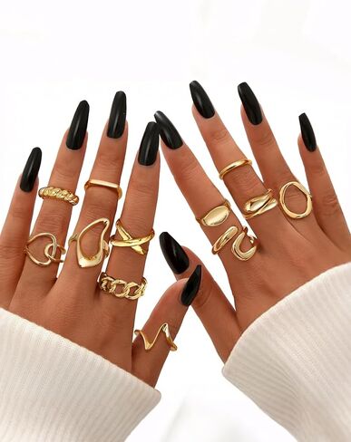 THUNARAZ 12 PCS Stackable Gold Rings for Women Adjustable Open Chunky Rings,14K Gold Plated Twisted Round Signet Rings for Gift in Saudi Arabia