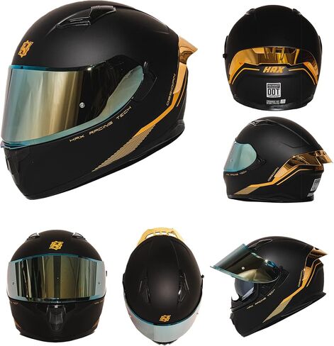 HAX Obsidian Full Face Dual Visor Adult Motorcycle Helmet for Motorbike Street Bike with Pinlock Ready DOT Approved Matte Black Gold L in Kuwait