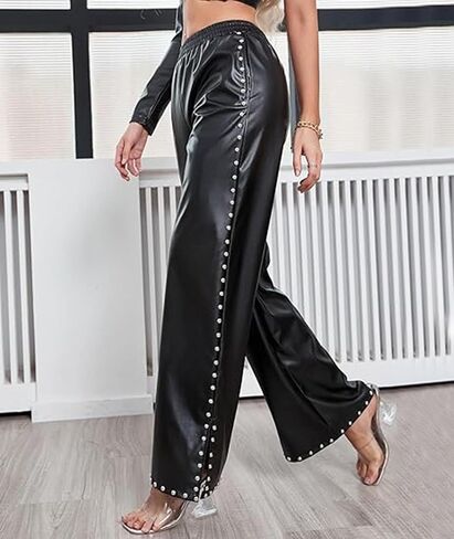 Sexyshine Women's Faux Leather Pants Rivets Pearls Trim High Waist Loose Straight Wide Leg Slit Hem PU Leather Pants in Kuwait