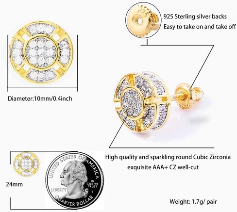Topgrillz Screw Back Earrings 14k Golden Plated 5A+ Cubic Zirconia Cluster Round Round on oncors stud trans for Men Women Aretes de Hombre in Kuwait
