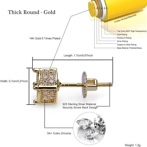 Topgrillz Screw Back Earrings 14k Golden Plated 5A+ Cubic Zirconia Cluster Round Round on oncors stud trans for Men Women Aretes de Hombre in Kuwait