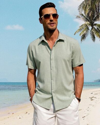 J.VER Men's Linen Shirts Casual Short Sleeve Button Down Shirt Beach Summer Vacation Holiday Wedding Cotton Tops in Kuwait