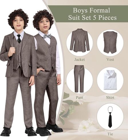 فتى يناسب Tweed Herringbone 5 قطع بدلات لـ Teen Boy Blazer Vest Pant Suit Tuxedo مجموعة مع ربطة عنق in Kuwait