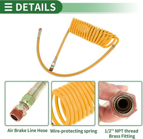 Motoforti Air Brake Hose Oil Cooler Coiled Long Tail Line 18 Circle Brake Coil Cable for Trucks Tractors Assembly with 1/2" NPT Fitting 15 ft Brass Nylon Yellow in Saudi Arabia