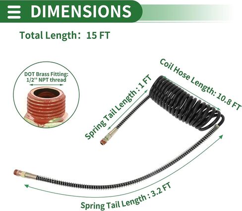 Motoforti Air Brake Hose Oil Cooler Coiled Long Tail Line 18 Circle Brake Coil Cable for Trucks Tractors Assembly with 1/2" NPT Fitting 15 ft Brass Nylon Yellow in Saudi Arabia