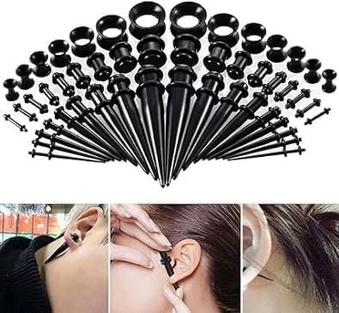 50pcs طقم تمدد الأذن الأسود ، قطع أذن تمدد الأذن ، مقابس أقواس أكريليك وأنفاق السيليكون ، مقاييس الأذن مجموعة مجوهرات ثقب الجسم للنساء للرجال هدايا عيد ميلاد عيد ميلاد ثقب المجوهرات in Saudi Arabia