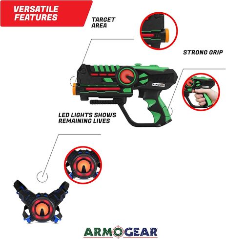Armogear Laser Tag Puns - مجموعة من 4 ألعاب أطفال قابلة لإعادة الشحن مع سترات - علامات ليزر متعددة اللاعبين داخلية وخارجية للأطفال والمراهقين والبالغين - 150 قدمًا طويلة - ألعاب أطفال تتراوح أعمارهم بين 8 وما فوق in Kuwait
