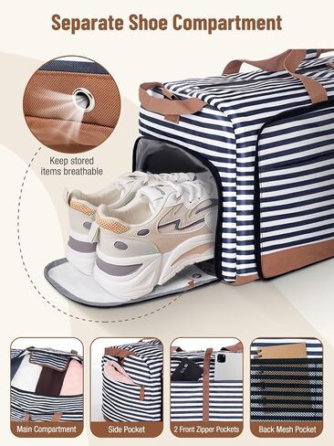 Lekesky Foldable Travel Duffle Bag for Women, 80L Large Duffel Bag with Separate Shoes Compartments & Straps, Carry On Weekend Bag for Women, Hospital, Overnight (Blue Stripes) in Saudi Arabia