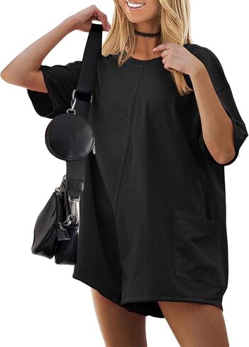 Ekouaer Summer Rompers for Women 2025 Short Sleeve Oversized Reversible Baggy T-shirt Romper Jumpsuit Outfits with Pockets in Saudi Arabia