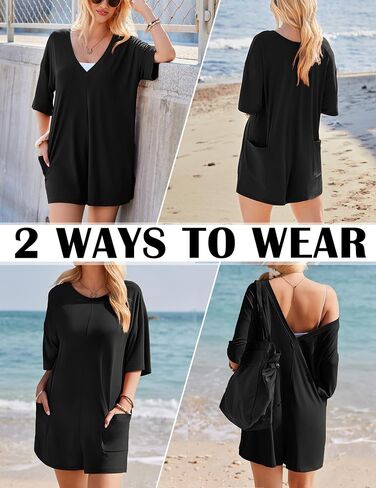 Ekouaer Summer Rompers for Women 2025 Short Sleeve Oversized Reversible Baggy T-shirt Romper Jumpsuit Outfits with Pockets in Saudi Arabia