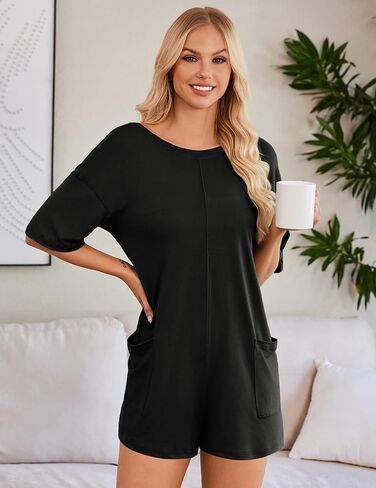 Ekouaer Summer Rompers for Women 2025 Short Sleeve Oversized Reversible Baggy T-shirt Romper Jumpsuit Outfits with Pockets in Saudi Arabia