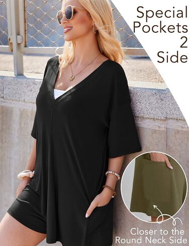 Ekouaer Summer Rompers for Women 2025 Short Sleeve Oversized Reversible Baggy T-shirt Romper Jumpsuit Outfits with Pockets in Saudi Arabia