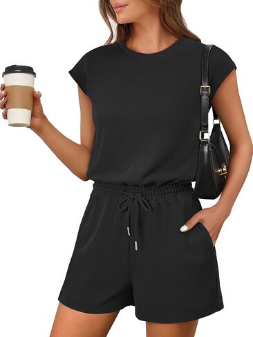 ANRABESS Rompers for Women Summer 2026 Casual Cap Sleeve Crewneck Drawstring One Piece Jumpsuit Outfits with Pockets in Kuwait