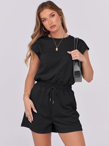 ANRABESS Rompers for Women Summer 2026 Casual Cap Sleeve Crewneck Drawstring One Piece Jumpsuit Outfits with Pockets in Kuwait